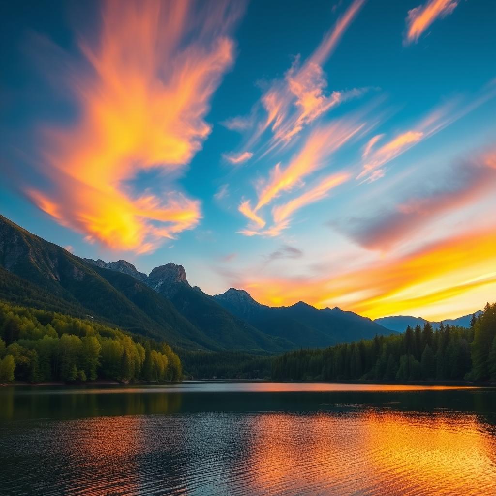 Generate an image of a serene landscape with a beautiful sunset over a calm lake, surrounded by lush green trees and mountains in the background