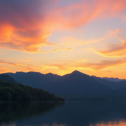 Generate an image of a serene landscape with a beautiful sunset over a calm lake, surrounded by lush green trees and mountains in the background