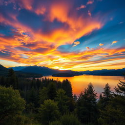 Generate an image of a serene landscape with a beautiful sunset over a calm lake, surrounded by lush green trees and mountains in the background