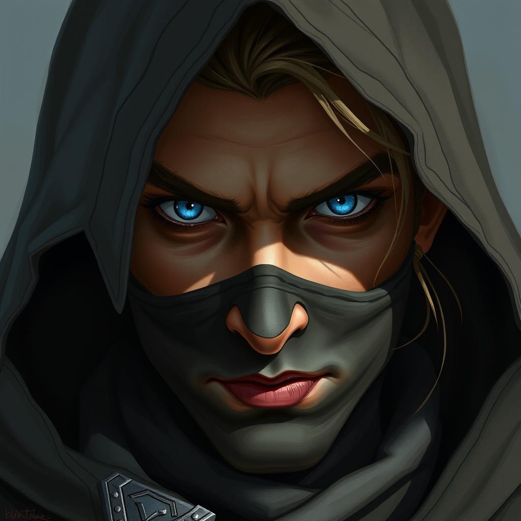 A detailed portrait of a half-elf rogue with piercing blue eyes and slightly tanned skin