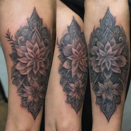 Create a variety of intricate and detailed tattoos designed to cover up existing tattoos. Show a diversity of styles and colors to accommodate different skin tones and personal preferences.