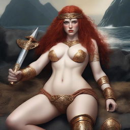 A full body image of a fair-skinned Viking warrior priestess with curly red hair and full lips, laying down in a white and gold bikini