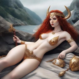 A full body image of a fair-skinned Viking warrior priestess with curly red hair and full lips, laying down in a white and gold bikini