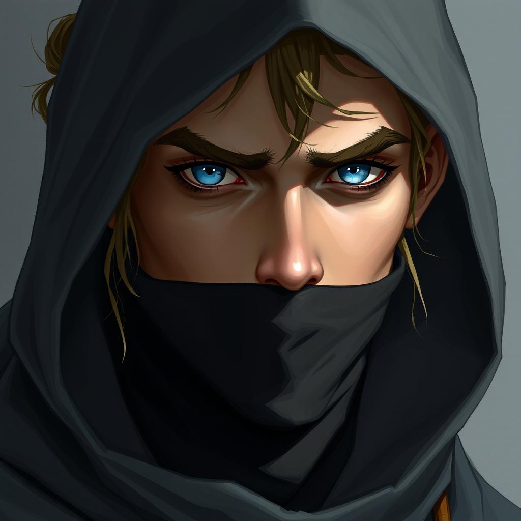 A detailed portrait of a half-elf rogue with a soft face, piercing blue eyes, and slightly tanned skin