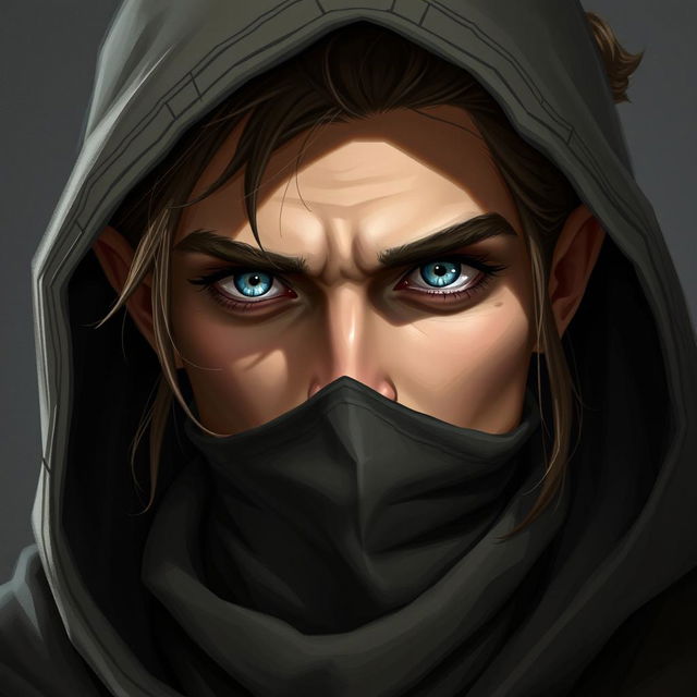 A detailed portrait of a half-elf rogue with a soft face, piercing blue eyes, and slightly tanned skin