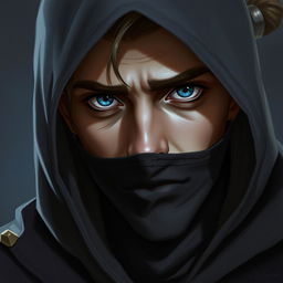 A detailed portrait of a half-elf rogue with a soft face, piercing blue eyes, and slightly tanned skin