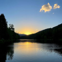 A serene landscape featuring a calm lake surrounded by lush trees and mountains in the background