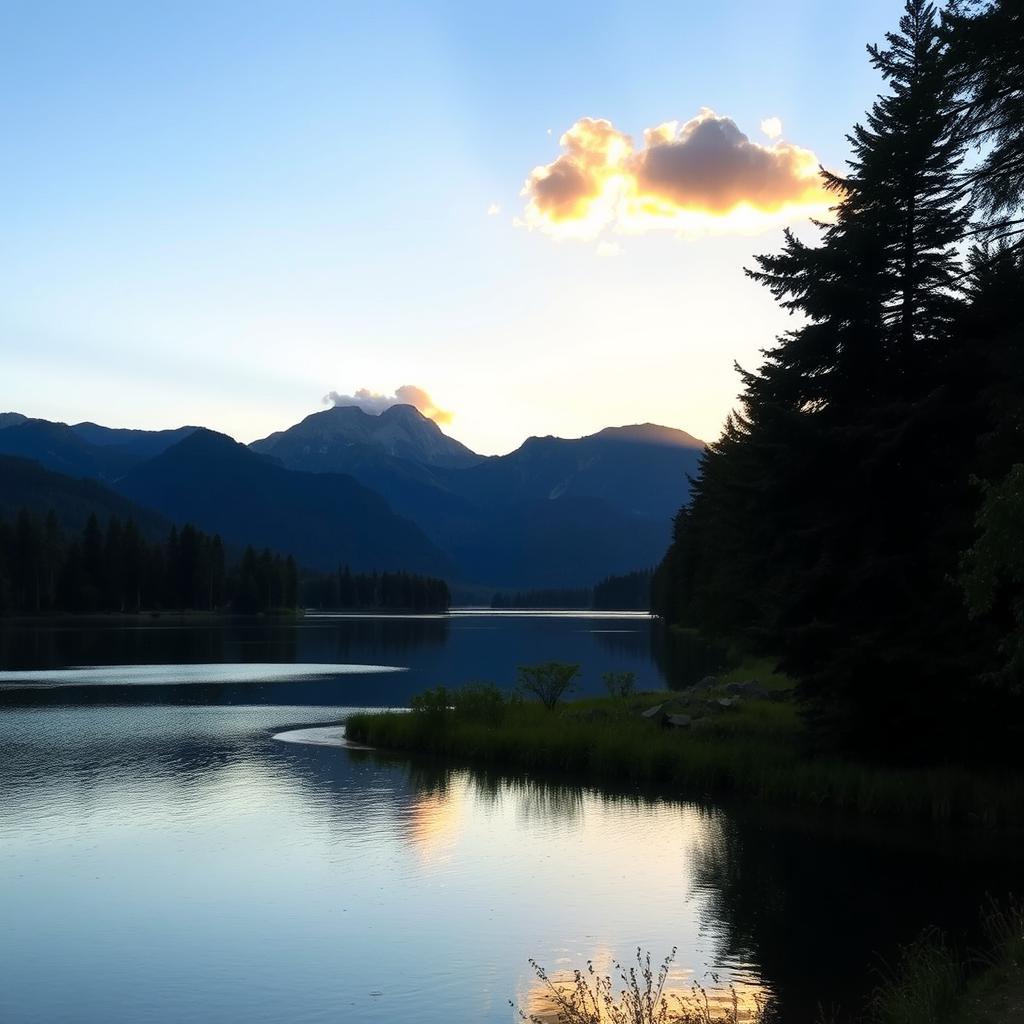 A serene landscape featuring a calm lake surrounded by lush trees and mountains in the background