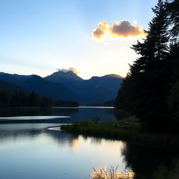 A serene landscape featuring a calm lake surrounded by lush trees and mountains in the background