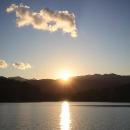 A serene landscape featuring a calm lake surrounded by lush trees and mountains in the background