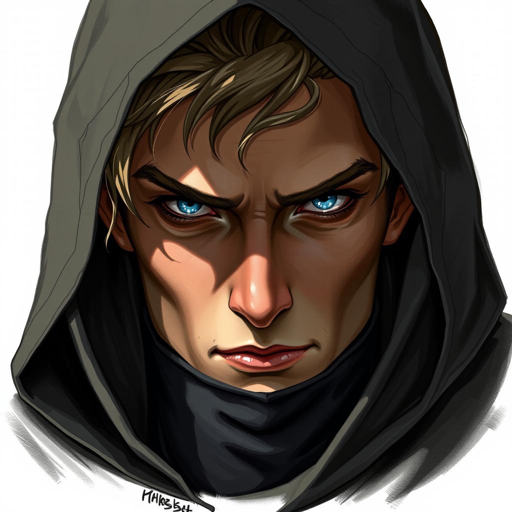 A detailed portrait of a half-elf rogue with a soft face, piercing blue eyes, and slightly tanned skin