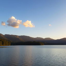 A serene landscape featuring a calm lake surrounded by lush trees and mountains in the background