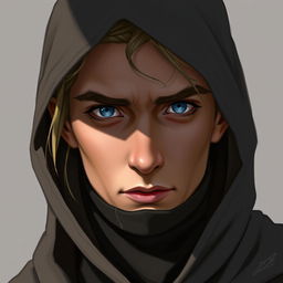 A detailed portrait of a half-elf rogue with a soft face, piercing blue eyes, and slightly tanned skin