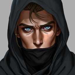 A detailed portrait of a half-elf rogue with a soft face, piercing blue eyes, and slightly tanned skin