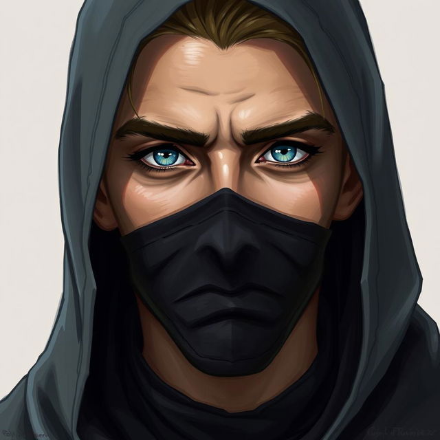 A detailed portrait of a half-elf rogue with a soft face, piercing blue eyes, and slightly tanned skin