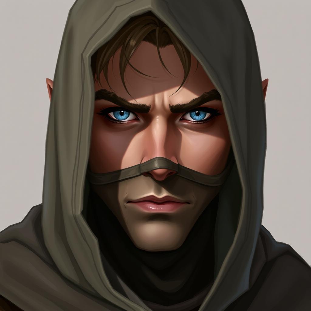 A detailed portrait of a half-elf rogue with a soft face, piercing blue eyes, and slightly tanned skin