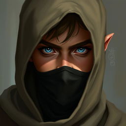 A detailed portrait of a half-elf rogue with a soft face, piercing blue eyes, and slightly tanned skin