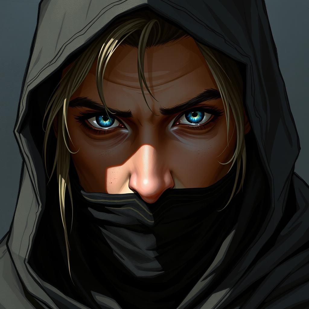 A detailed portrait of a half-elf rogue with a soft face, piercing blue eyes, and slightly tanned skin