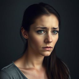 A sad woman with a melancholic expression on her face, set against a somber background