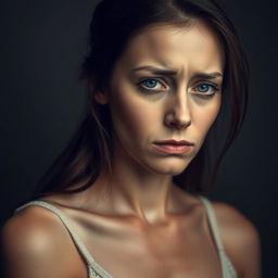 A sad woman with a melancholic expression on her face, set against a somber background