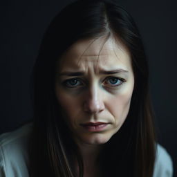 A sad woman with a melancholic expression on her face, set against a somber background