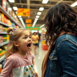 A young girl in a supermarket, screaming at her mother