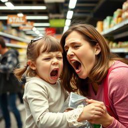 A young girl in a supermarket, screaming at her mother