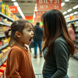 A young girl in a supermarket, screaming at her mother