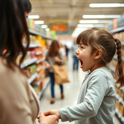 A young girl in a supermarket, screaming at her mother