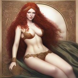 A full body image of a fair-skinned Celtic warrior priestess with curly red hair and full lips, laying down and smiling in a white and gold bikini