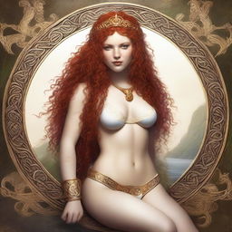 A full body image of a fair-skinned Celtic warrior priestess with curly red hair and full lips, laying down and smiling in a white and gold bikini