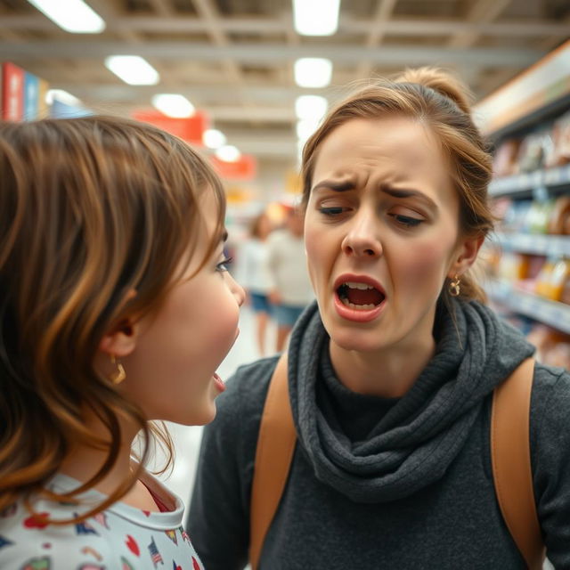 A young girl in a supermarket, screaming at her mother