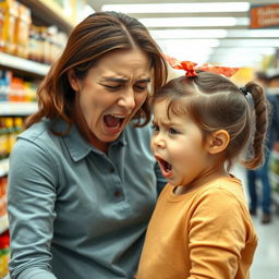 A young girl in a supermarket, screaming at her mother