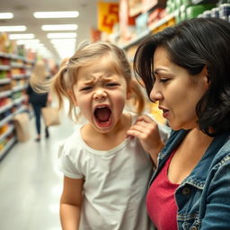 A young girl in a supermarket, screaming at her mother