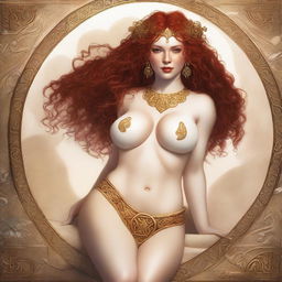 A full body image of a fair-skinned Celtic warrior priestess with curly red hair and full lips, laying down and smiling in a white and gold bikini