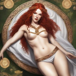 A full body image of a fair-skinned Celtic warrior priestess with curly red hair and full lips, laying down and smiling in a white and gold bikini