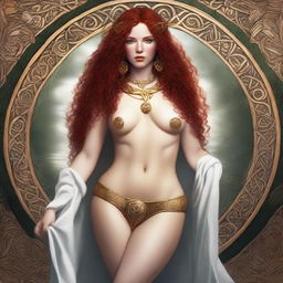 A full body image of a fair-skinned Celtic warrior priestess with curly red hair and full lips, laying down and smiling in a white and gold bikini and robe