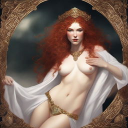 A full body image of a fair-skinned Celtic warrior priestess with curly red hair and full lips, laying down and smiling in a white and gold bikini and robe