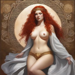 A full body image of a fair-skinned Celtic warrior priestess with curly red hair and full lips, laying down and smiling in a white and gold bikini and robe