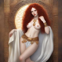 A full body image of a fair-skinned Celtic warrior priestess with curly red hair and full lips, laying down and smiling in a white and gold bikini and robe