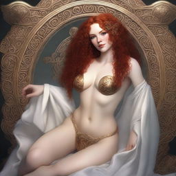 A full body image of a fair-skinned Celtic warrior priestess with curly red hair and full lips, laying down and smiling in a white and gold bikini and robe