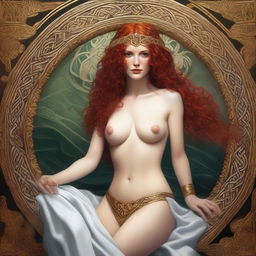 A full body image of a fair-skinned Celtic warrior priestess with curly red hair and full lips, laying down and smiling in a white and gold bikini and robe