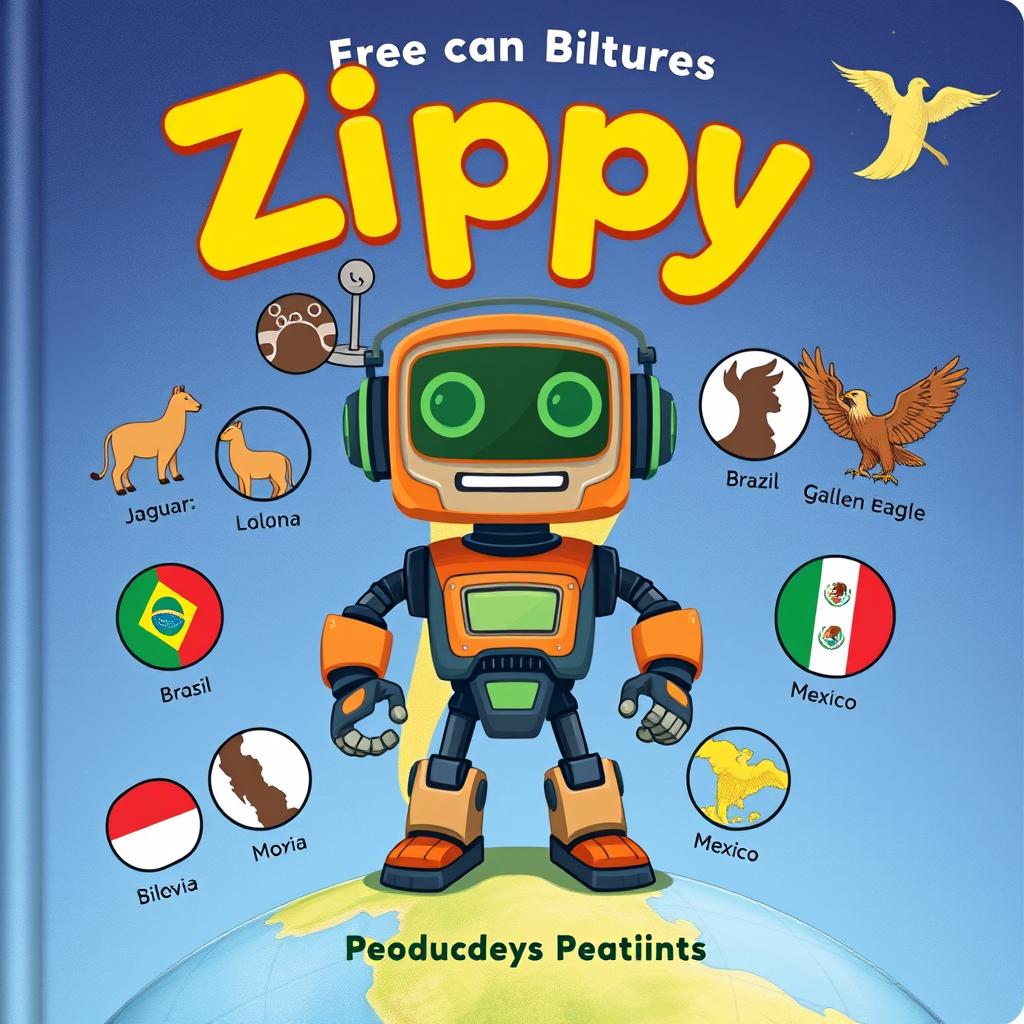 Create a book cover illustration for a children's story featuring Zippy, the robot, at the center