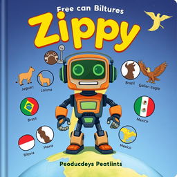 Create a book cover illustration for a children's story featuring Zippy, the robot, at the center