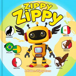 Create a book cover illustration for a children's story featuring Zippy, the robot, at the center