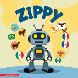 Create a book cover illustration for a children's story featuring Zippy, the robot, at the center