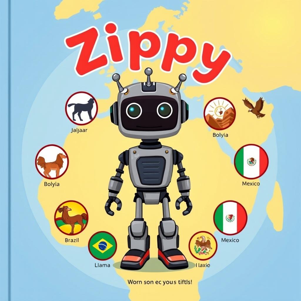 Create a book cover illustration for a children's story featuring Zippy, the robot, at the center