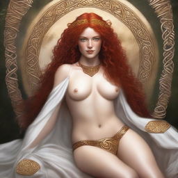 A full body image of a fair-skinned Celtic warrior priestess with curly red hair and full lips, laying down and smiling in a white and gold bikini and robe