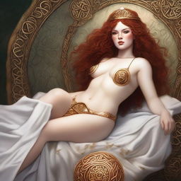 A full body image of a fair-skinned Celtic warrior priestess with curly red hair and full lips, laying down and smiling in a white and gold bikini and robe