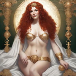 A full body image of a fair-skinned Celtic warrior priestess with curly red hair and full lips, laying down and smiling in a white and gold bikini and robe